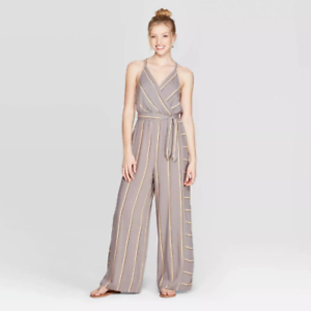 Women's Striped V-Neck Strappy Wrap Jumpsuit